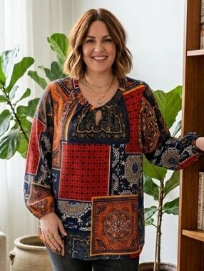 Laura Patchwork Paisley Keyhole Silky Knit Tunic Size 2X Bohemian Eclectic Fall